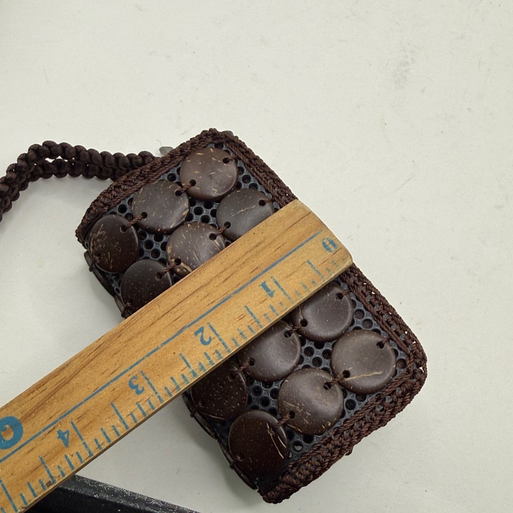 Vintage Coconut Shell Piece Wallet Zip Around Coin Purse Wristlet Brown Floral - Picture 10 of 12